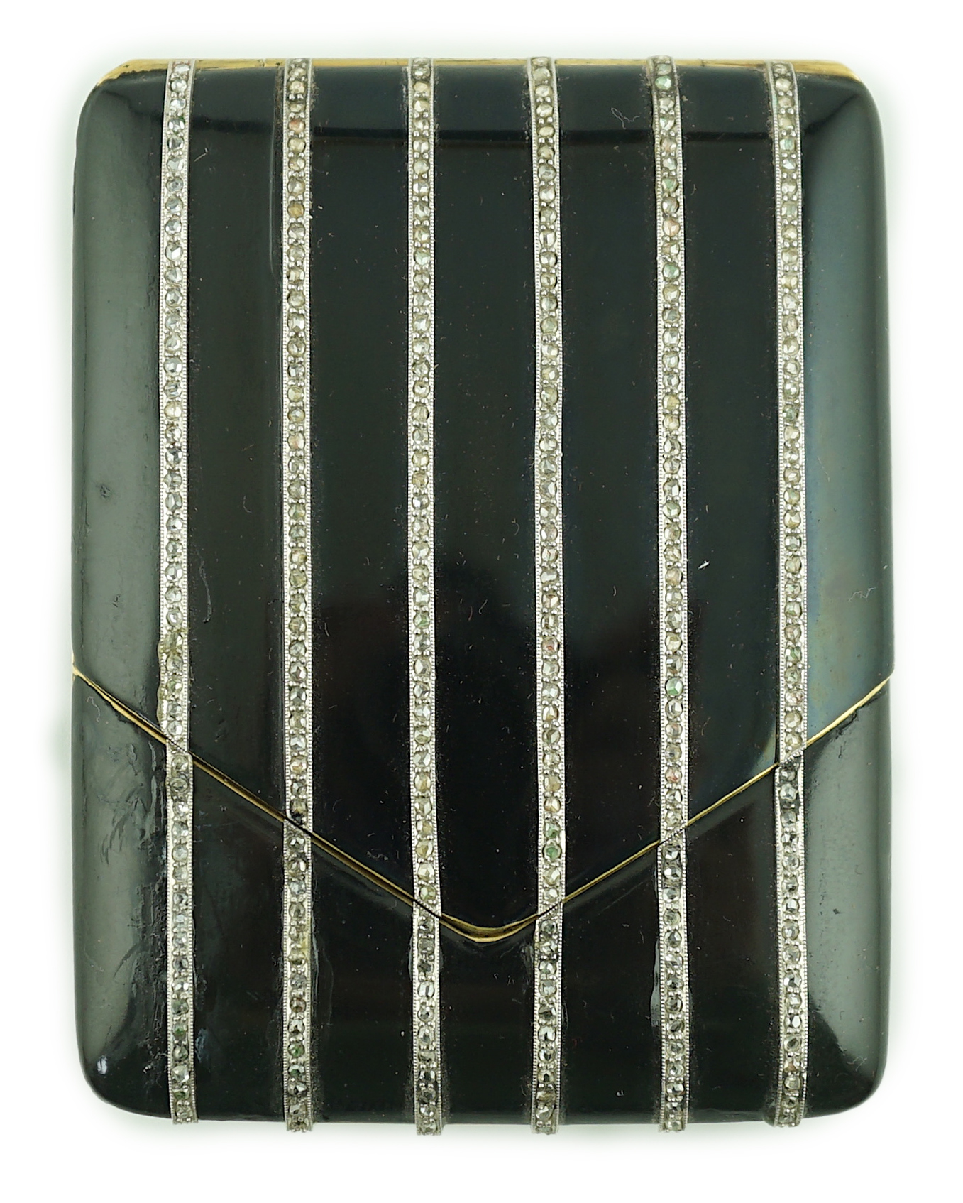 A 1920's gold and black enamel cigarette case, set with six rows of millegrain set rose cut diamonds